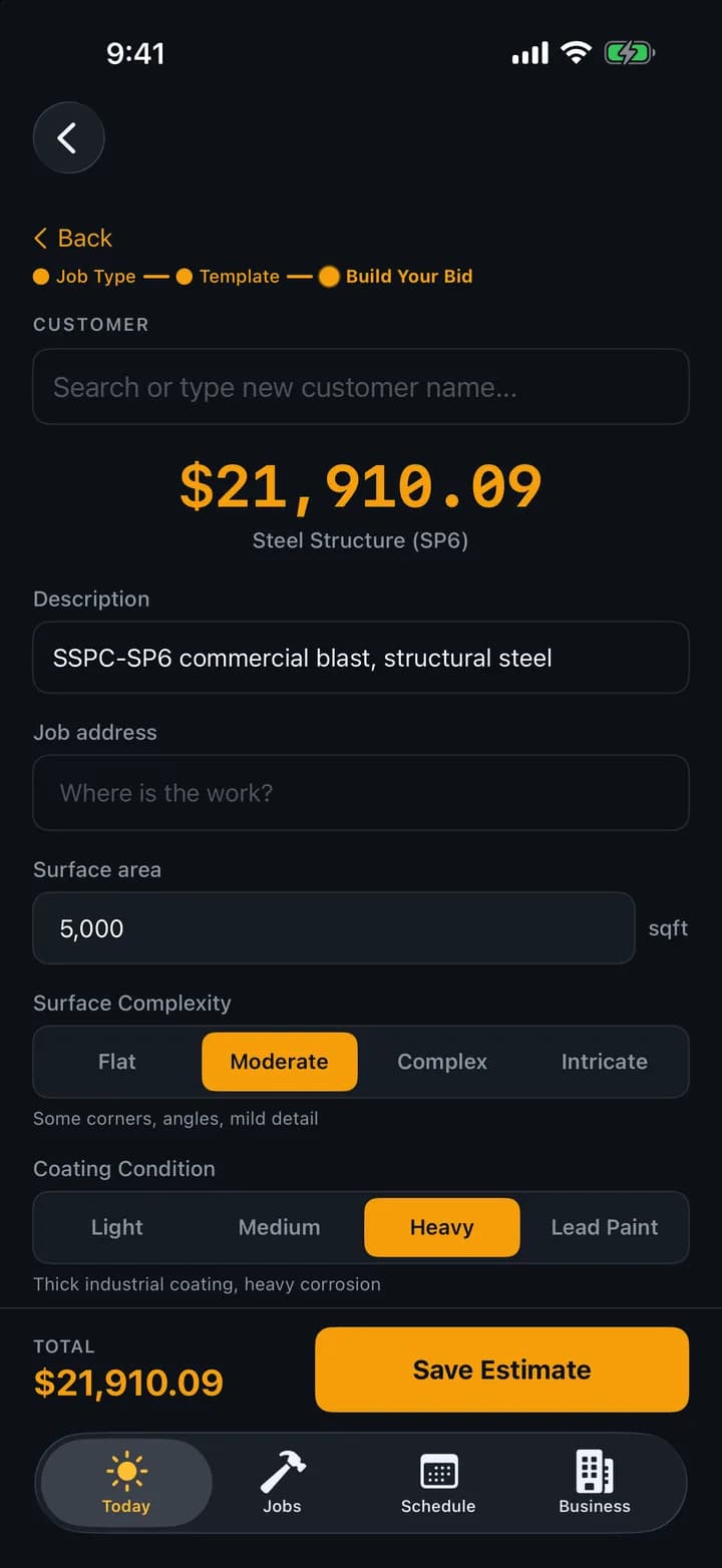 Live sandblasting estimate on iPhone