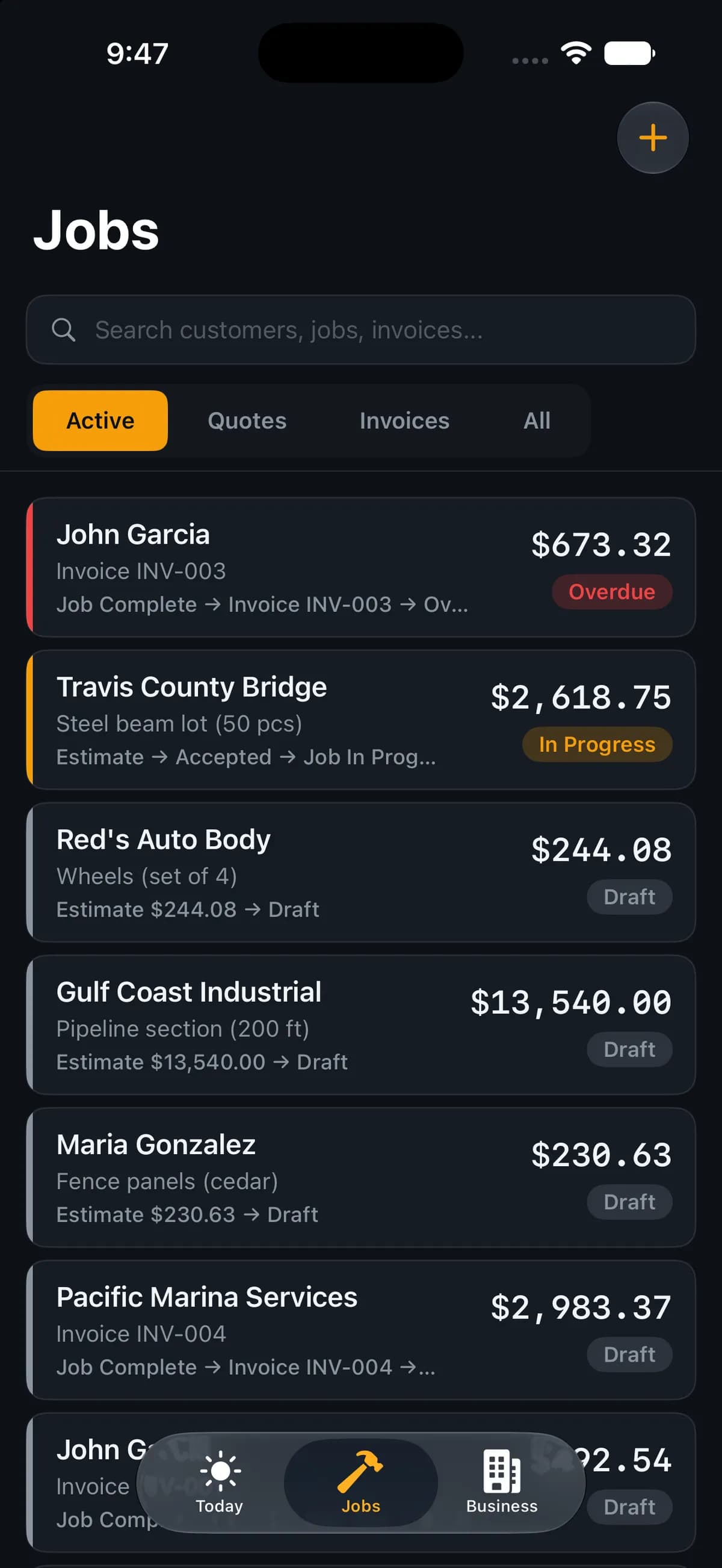BlastBid job pipeline from estimate to invoice