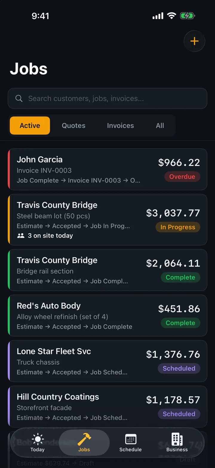 BlastBid job pipeline from estimate to invoice on iPhone