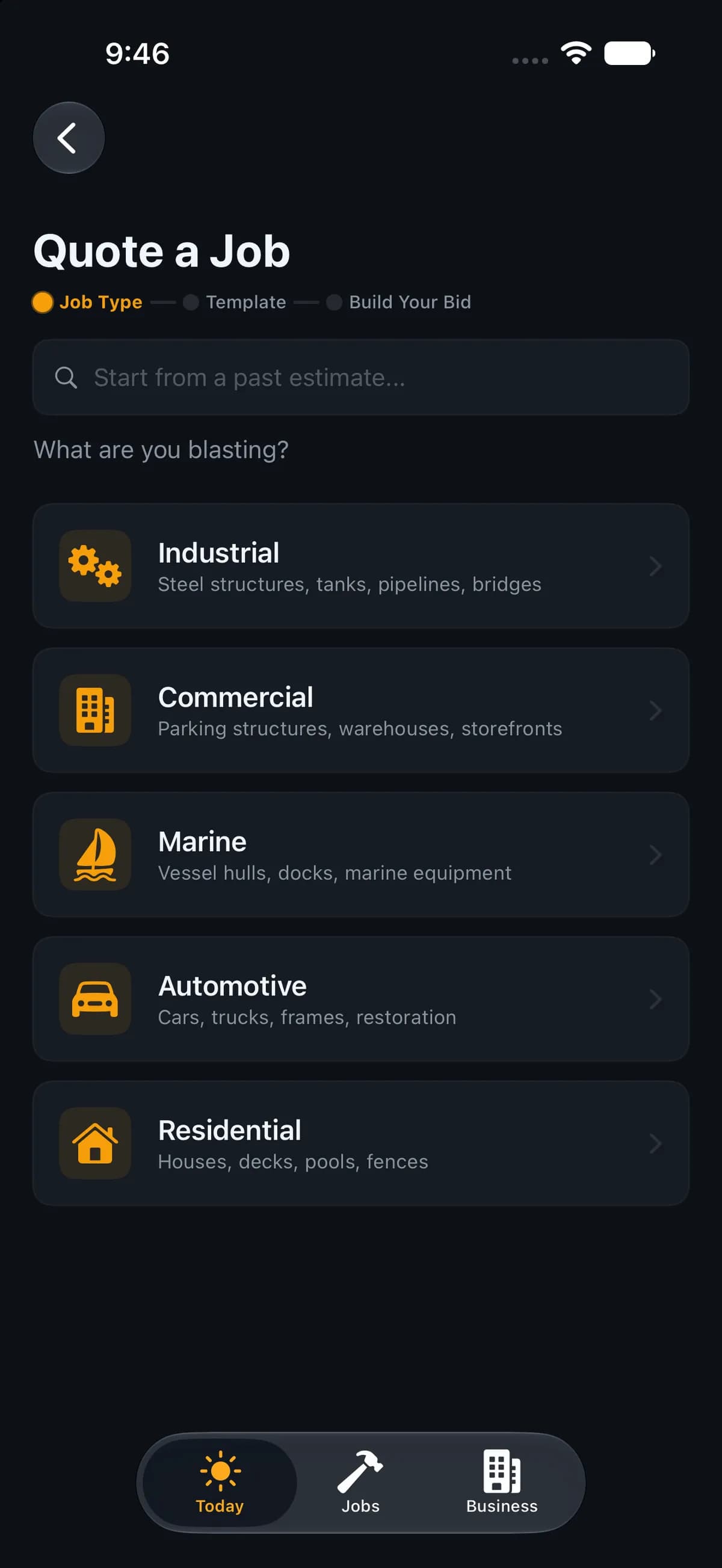 Choosing a sandblasting job type in BlastBid on iPhone