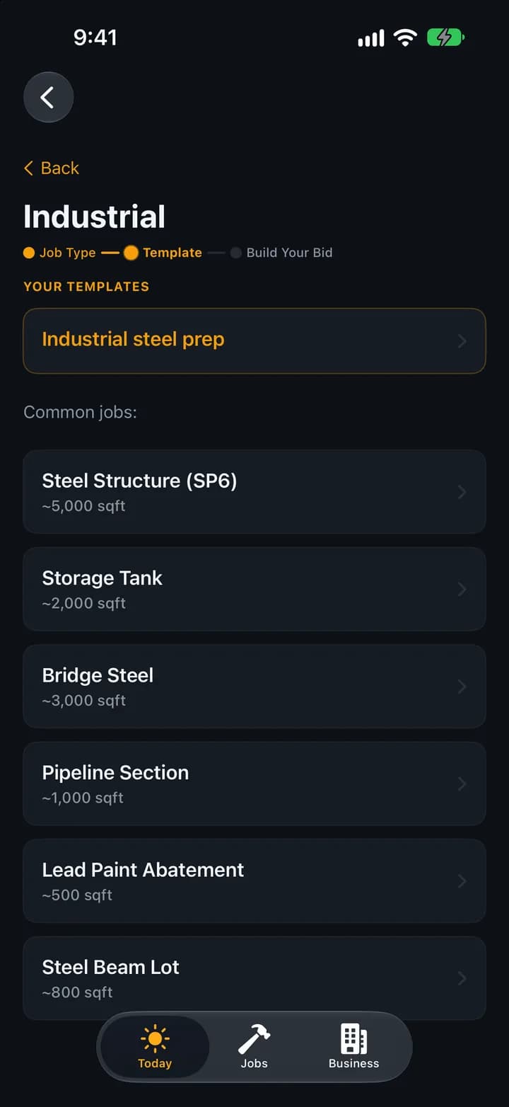 Choosing a sandblasting job type in BlastBid on iPhone