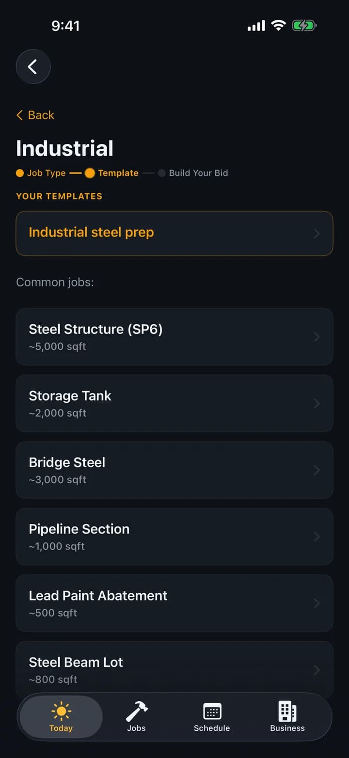 Choosing a sandblasting job type in BlastBid on iPhone