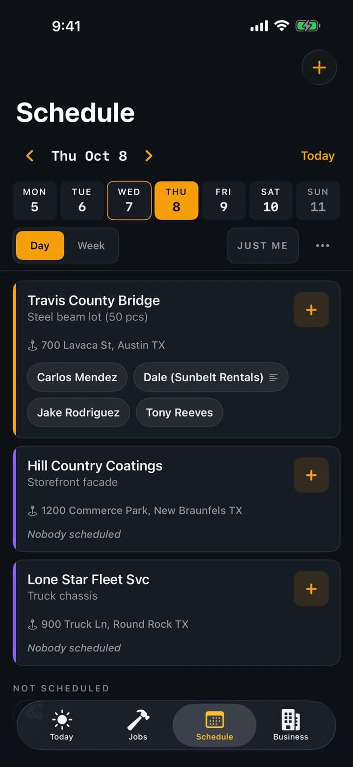 Crew schedule day board on iPhone: four people on the Travis County Bridge job, two other jobs with nobody scheduled