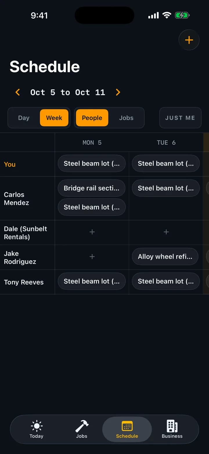Crew schedule week roster on iPhone: each person down the side with their jobs by day