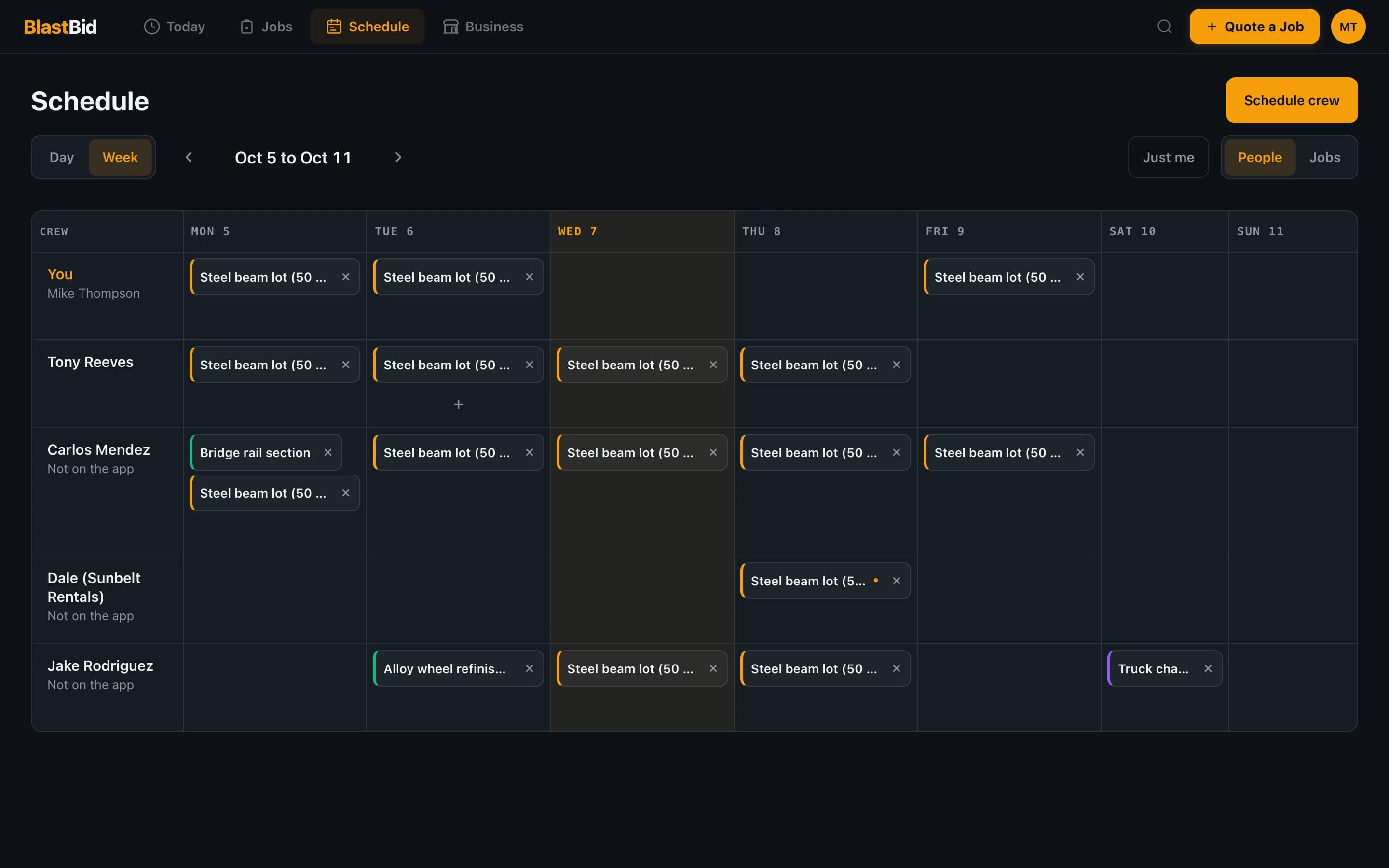 Crew schedule week roster on the BlastBid web app: five people down the side, Monday to Sunday across, with a rental operator and two day laborers marked not on the app