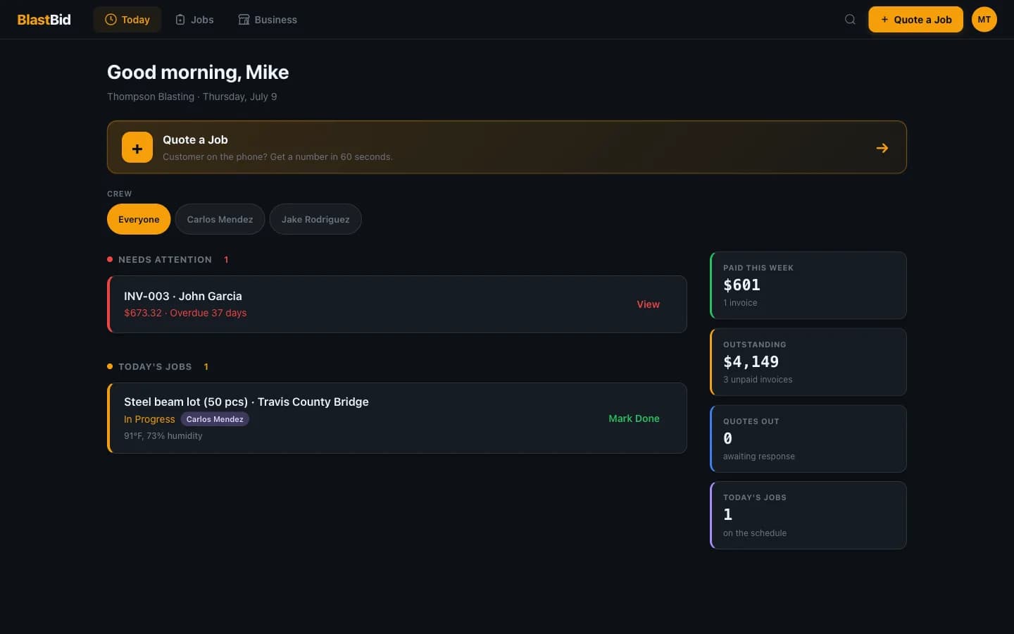 BlastBid web dashboard showing today's jobs, revenue KPIs, and an overdue invoice for a sandblasting business