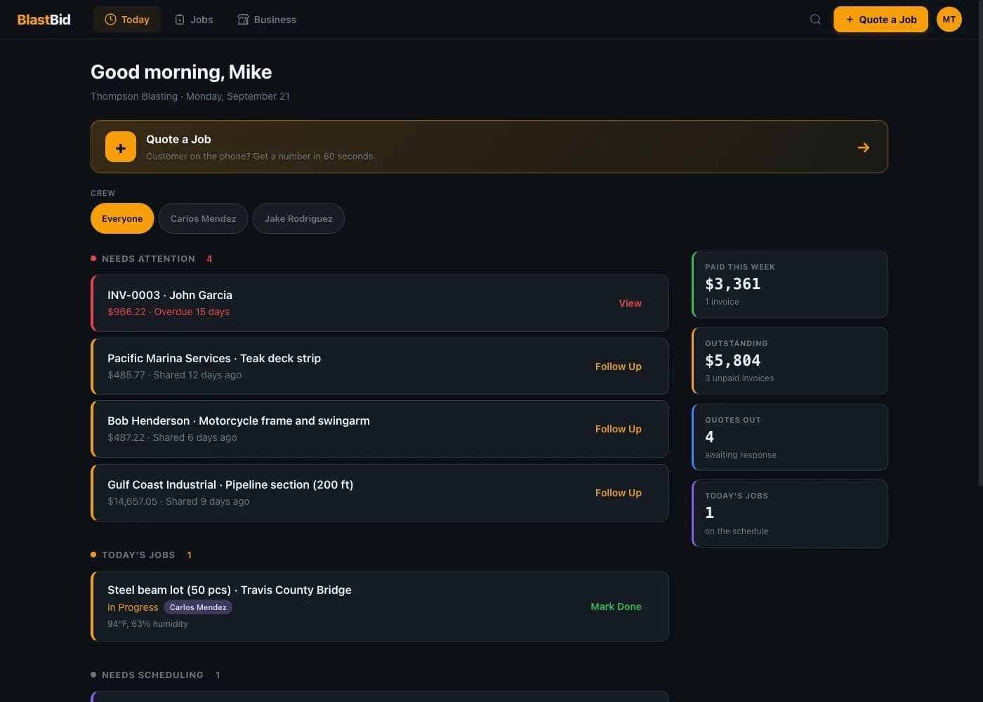 BlastBid web dashboard showing today's jobs, revenue KPIs, and an overdue invoice for a sandblasting business