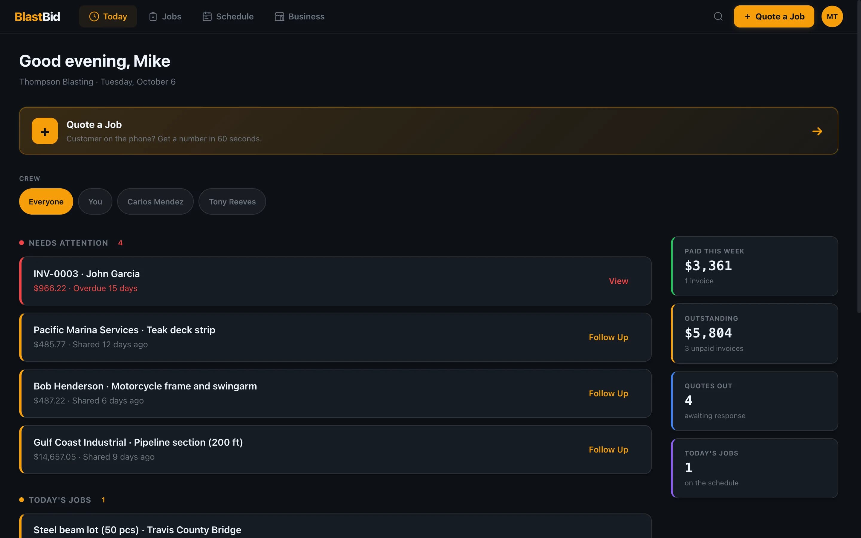 BlastBid web dashboard showing today's jobs, revenue KPIs, and an overdue invoice for a sandblasting business